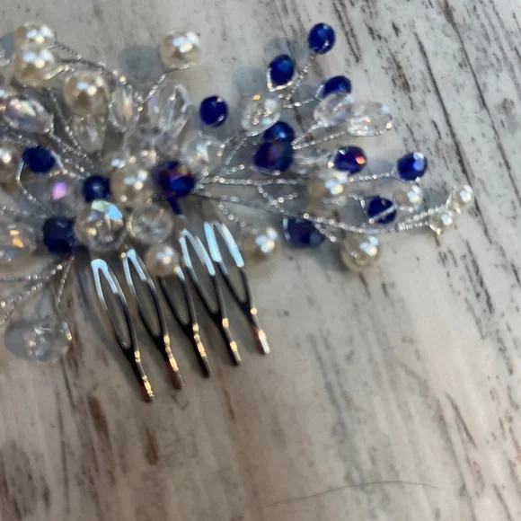 Blue Crystal & Pearl Bridal Hair Comb - Picture 6 of 16